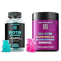 Biotin Gummies 10000mcg with Collagen Peptides 50000mcg | Sea Moss Gummies with Black Seed Oil Bladderwrack and Burdock Root | Gluten-Free | Non-GMO