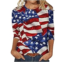 American Flag Print 3/4 Sleeve Shirts for Women Cotton Round Neck Casual Independence Day Tops Oversized Graphic Party Wear