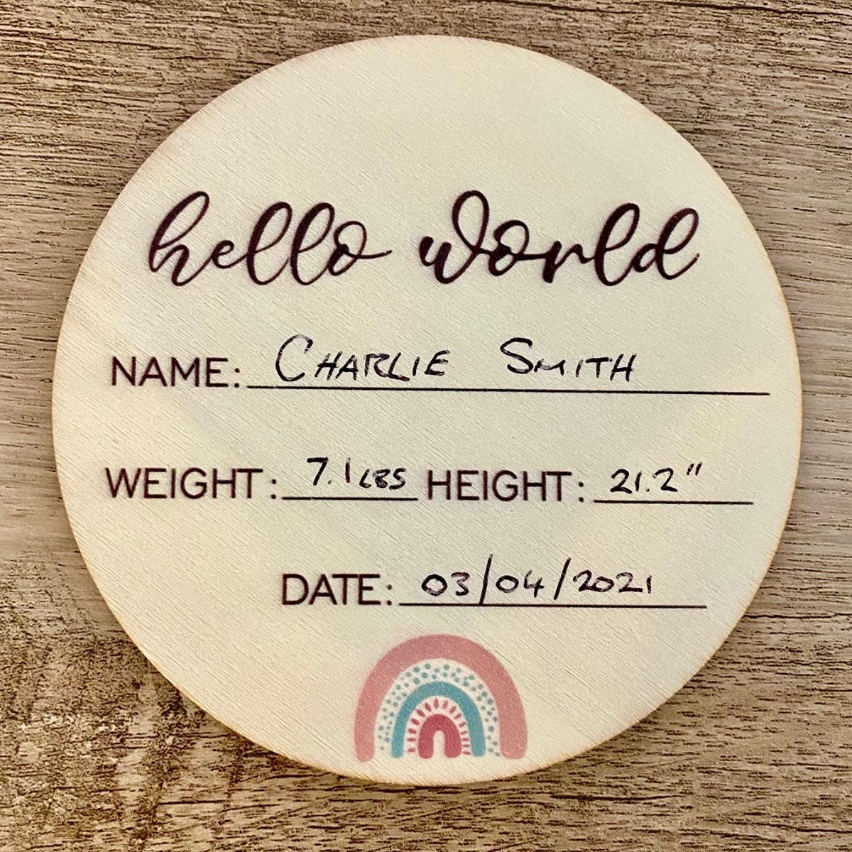 Birth Announcement Sign - Hello World Newborn Sign - Celebrate The Arrival of Your Baby with This Baby Annoucement Sign - Record Birth Details on This Round Wooden Disc - Baby Name Announcement Sign