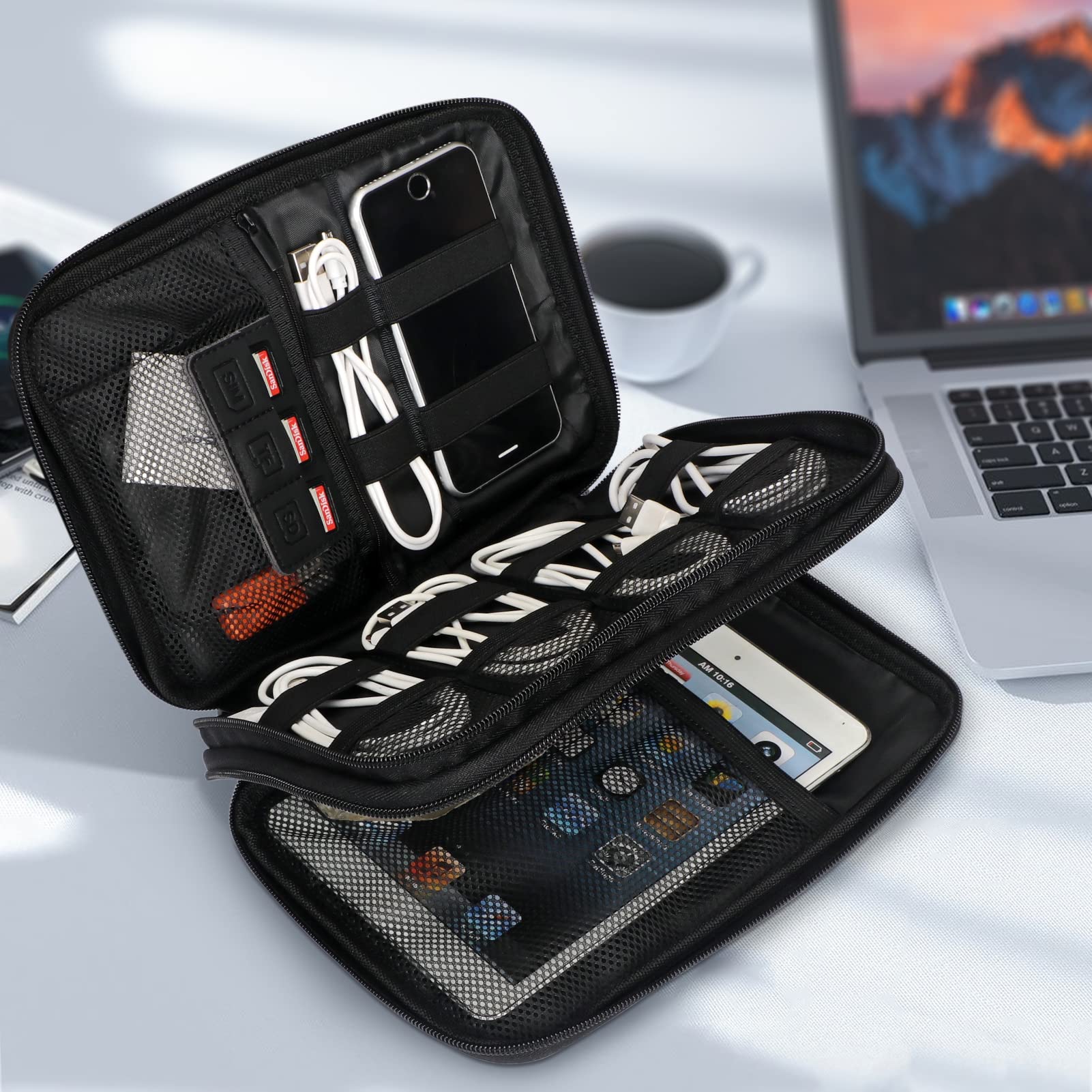 FYY Electronic Organizer, Travel Cable Organizer Bag Pouch Electronic Accessories Carry Case Portable Waterproof Double Layers All-in-One Storage Bag for Cable, Cord, Charger, Phone, Hard Drive,-Black
