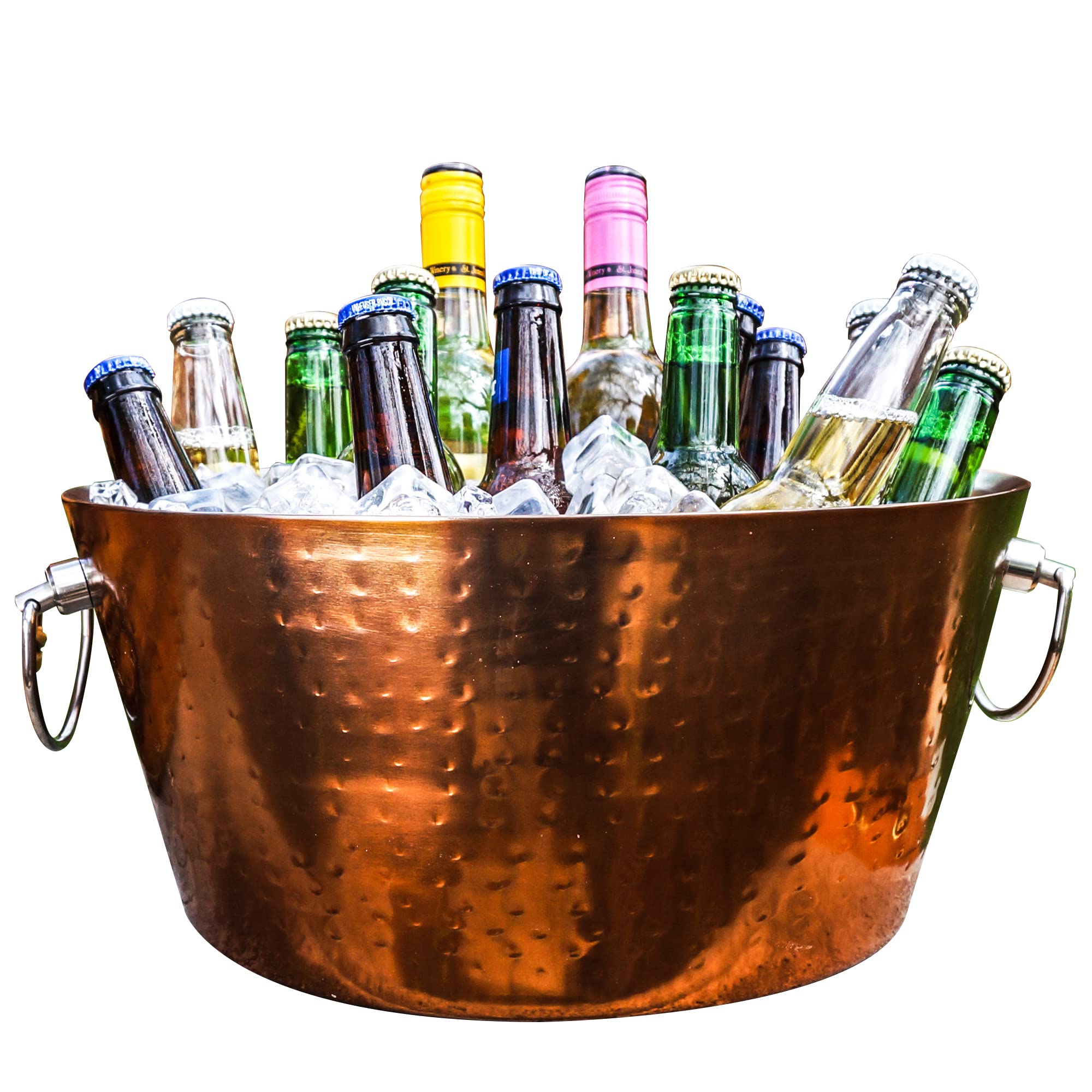 BREKX Rose Copper Hammered Stainless-Steel Beverage Tub, Double-Walled Insulated Anchored Drink Tub & Ice Bucket with Double Hinged Handles, Drink Chiller for Parties, 12 Quarts