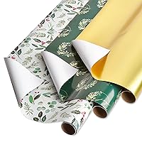 Papyrus Wrapping Paper Rolls for Christmas, Hanukkah and All Holidays, Holly, Wreath, Gold (3 Rolls, 67.5 sq. ft.)