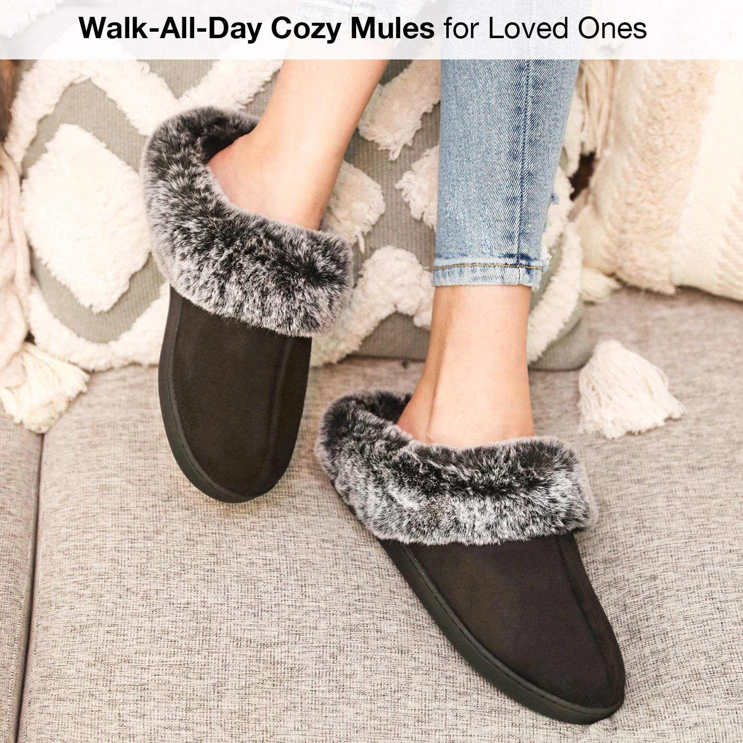 Women's Classic Microsuede Memory Foam Slippers Durable Rubber Sole with Warm Faux Fur Collar