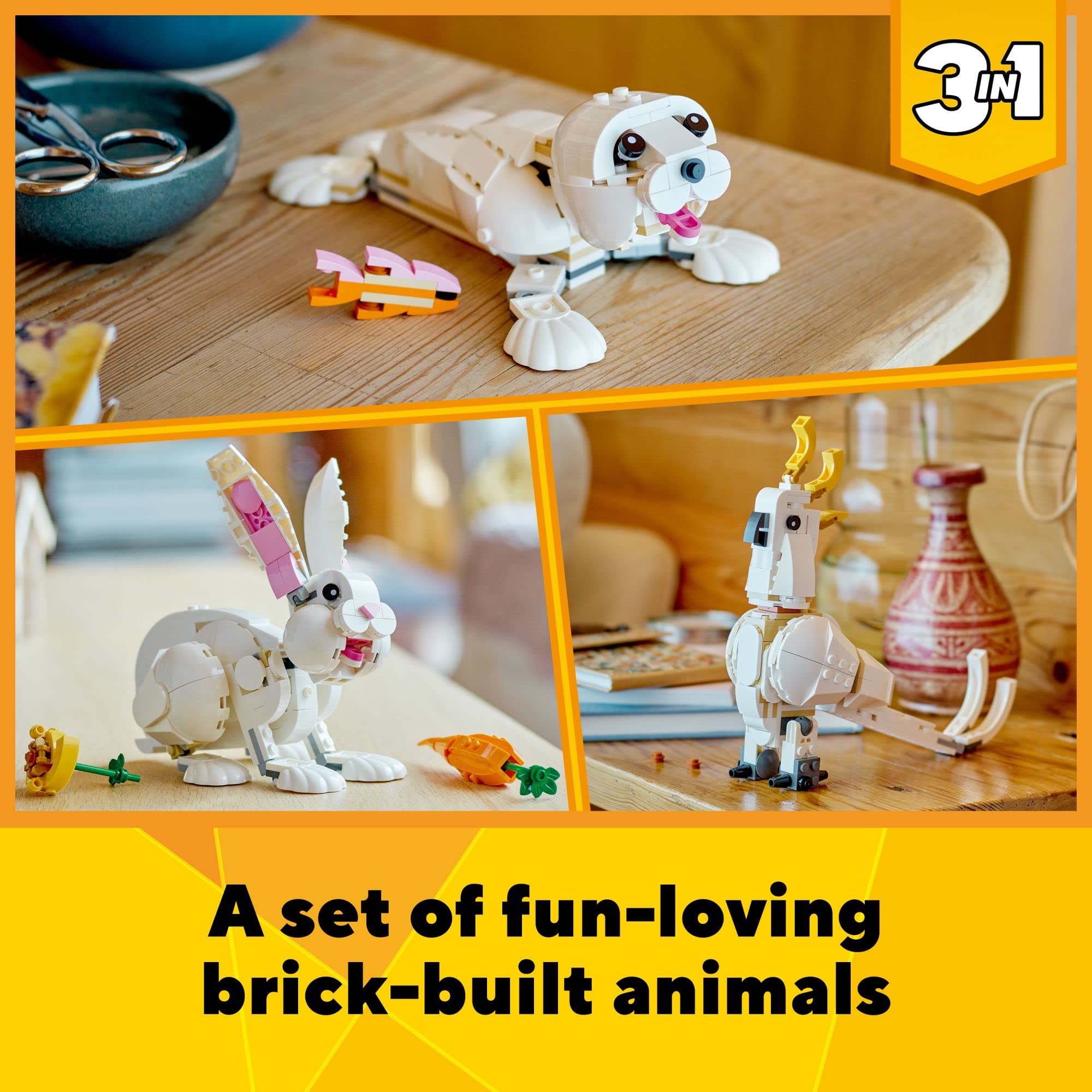 LEGO Creator 3-in-1 White Rabbit Animal Toy Building Set 31133, STEM Toy for Kids 8+, Transforms from Bunny to Seal to Parrot Figures, Creative Play Building Toy for Boys and Girls