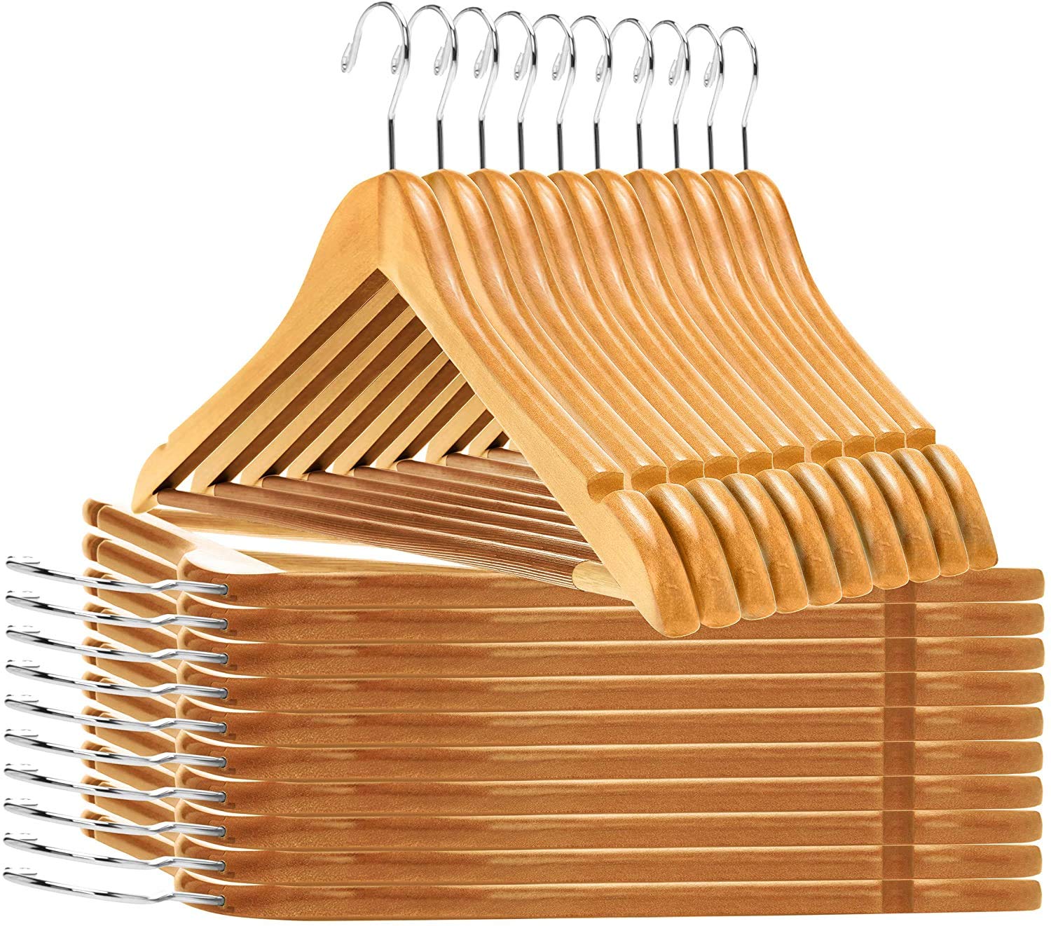 Quality Wooden Hangers - Slightly Curved Hanger 30-Pack Sets - Solid Wood Coat Hangers with Stylish Chrome Hooks - Heavy-Duty Clothes, Jacket, Shir...