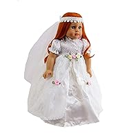 American Fashion World Bride Lace Wedding Dress w/ Roses + Pearls for 18-Inch Dolls | 2 Piece Set - Veil Included | Dolls Clothes | Outfit Fashions for Dolls for Popular Brands