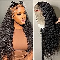 Deep Wave Lace Front Wigs Human Hair for Black Women 180% Density 10A Grade Brazilian Virgin 13x4 Deep Curly Lace Front Human Hair Wigs Natural Color(20Inch)