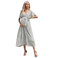 Maternity Dress Women's V-Neck Puff Sleeve Pleated Maternity Maxi Dress for Baby Shower or Casual Wear