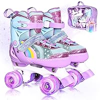 Roller Skates for Girls Age 3-12 | Rainbow Toddler Roller Skates for Kids Ages 3-5 | 4 Size Adjustable | Light Up Quad Roller Skates for Girls Boys Beginners, Birthday Gift for Outdoor Sports