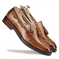 Men’s Full Grain Leather Hand Crafted Hand Painted Patina Hand Lasted Tassel Loafer Shoes