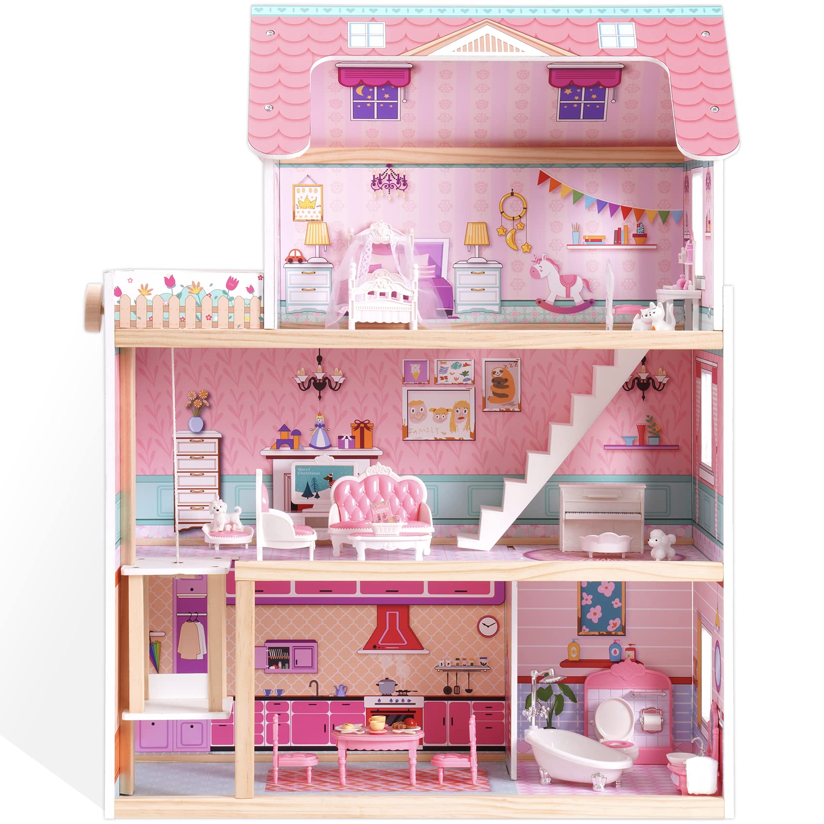 ROBUD Wooden Dollhouse Kit for Kids, Dollhouse Toy Gift for 3 4 5 6 Year Old Girls Boys