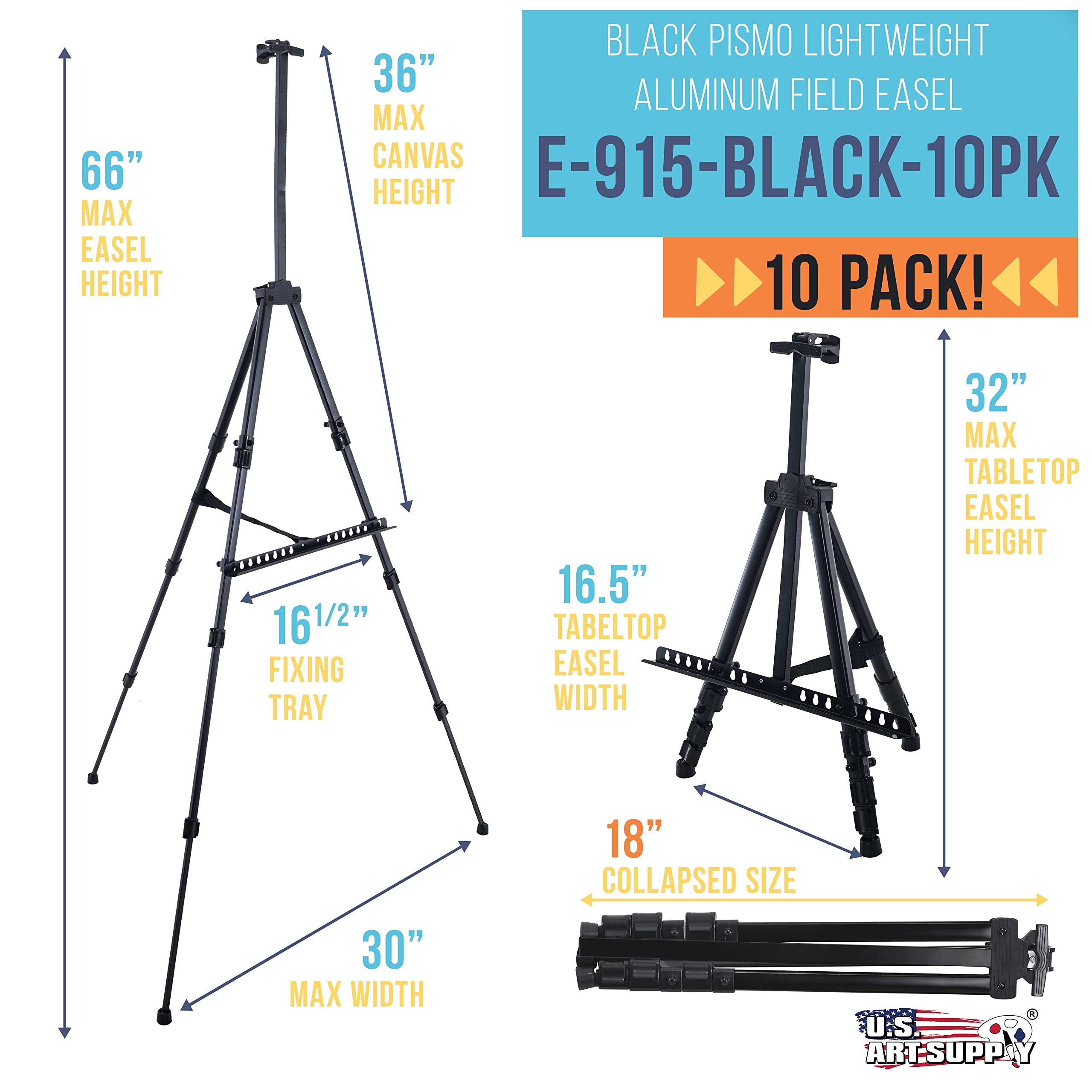 U.S. Art Supply - Pack of 10 - 66 Inch Sturdy Black Aluminum Tripod Artist Field and Display Easel Stand - Adjustable Height 20