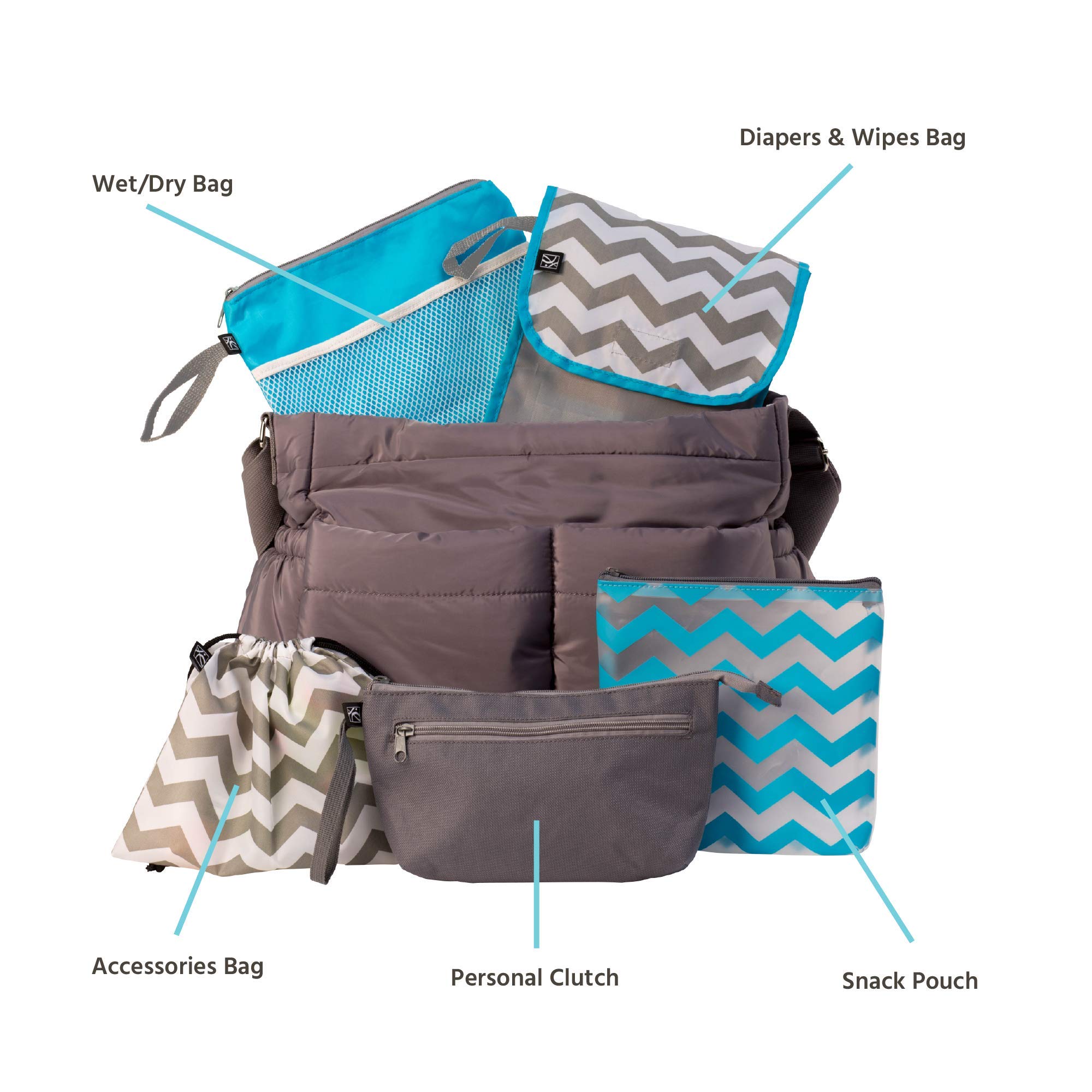 J.L. Childress 5-in-1 Diaper Bag Organizer for Diaper Bag, Purse or Travel Bag, 5 Piece Set, Grey/Chevron