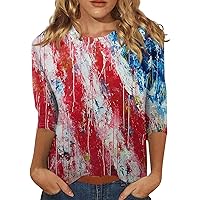 Star Stripes American Flag Tops for Women 2024 Summer 4th of July Patriotic Shirts 3/4 Sleeve Shirts Graphic Tees