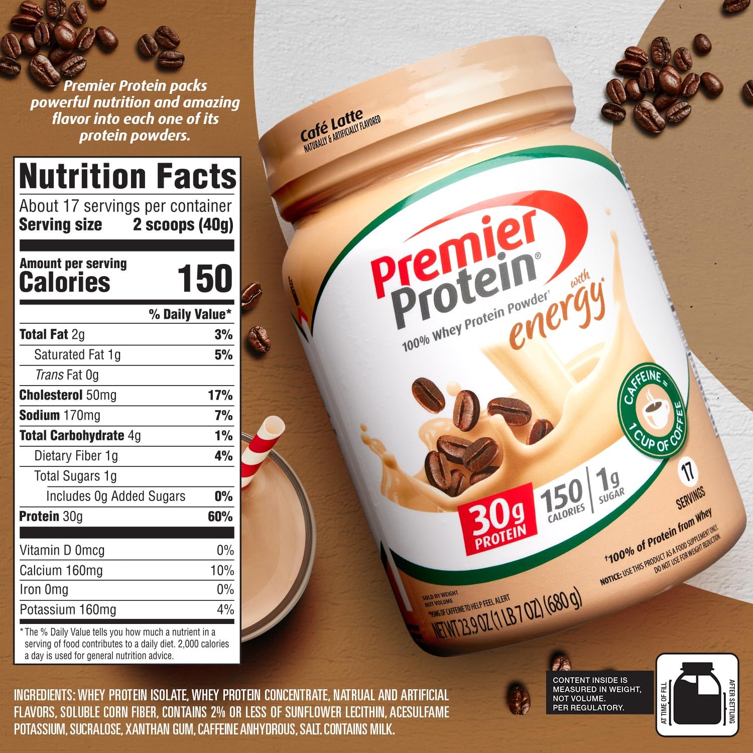 Premier Protein Powder, Cafe Latte , 30g Protein, 1g Sugar, 100% Whey Protein, Keto Friendly, No Soy Ingredients, Gluten Free, 17 servings, 23.9 Ounce (Pack of 1)