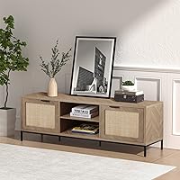 Anmytek Rattan TV Stand for 65 Inch TV Mid Century Modern Entertainment Center with Natural Rattan Door & Herringbone Texture Large TV Console Table for Living Room, Natural Oak