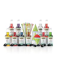 Hawaiian Shaved Ice Syrup Assortment with 10 - 16oz Bottles, 50 Snow Cone Cups, 50 Spoon Straws, and 10 Pouring Spouts. Flavors include: Tiger’s Blood, Pina Colada, Blue Raspberry, Cherry, Lemon-Lime