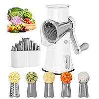 Ourokhome Rotary Cheese Grater Shredder, Multifunction 5 in 1 Kitchen Manual Speed Round Mandolin Food Slicer Vegetable Shooter Potato Hashbrown Grinder for Nut, Carrot, Radish, Cucumber, White…