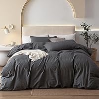 JIYUAN 100% Washed Cotton Duvet Cover Set Comfy Simple Style Soft Breathable Textured Durable Linen Feel Bedding for All Seasons King,Heathered Dark Grey