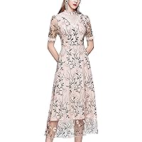 Women's V Neckline Short Puff Sleeves Floral Print High Waist Lace Casual Midi Dress