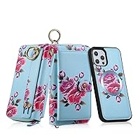 Floral Case for iPhone 12 Pro Max,Large Capacity Phone Bag,Multifunction Women's Clutch with Belt Hook,Leather Wallet,Zipper Pocket Car Magnetic Attraction Basic Case Blue