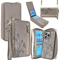 Lacass Case Wallet Compatible with iPhone 15 Pro Max 6.7 inch 2023, Crossbody Dual Zipper Detachable Leather Wallet Phone case Cover (Floral Gray)