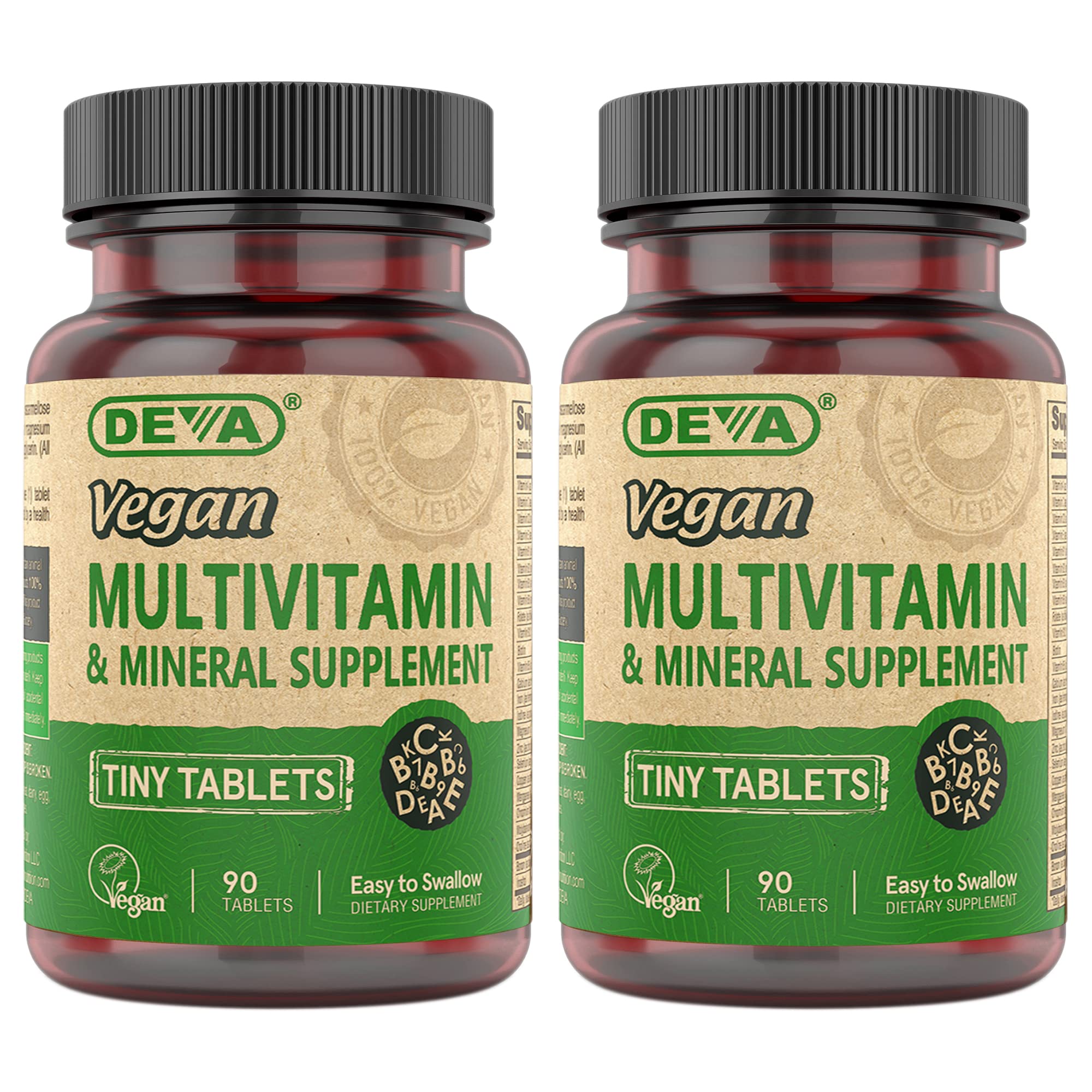 DEVA Tiny Tablets Vegan Multivitamins for Women & Men, Multivitamin with Iron, Mineral Supplement, Vitamin C, Vitamin B Complex, Vitamin B12, Vitamin E, Zinc, Gluten Free, 90 Tablets (Pack of 2)