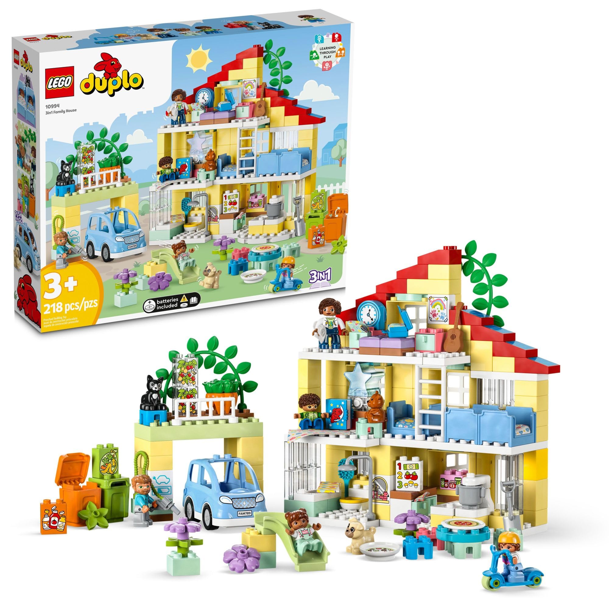 LEGO DUPLO Town 3in1 Family House 10994 Educational STEM Building Toy Set for Toddlers Ages 3+, Car Toy and 3 Floor House Lets The Whole Family Build, Play and Learn