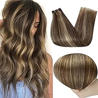 Weft Hair Extenisons Human Hair 105 Grams 16 Inch Medium Brown Highlight Honey Blonde Invisible Sew in Hair Extensions Real Human Hair Silky Straight Remy Weft Hair Extensions for Long Hair