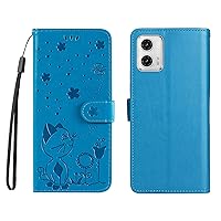 Case for Motorola Moto G73,Cat and Bees Embossing Pattern Premium Leather Wallet Kickstand Flip Case Magnetic Clasp