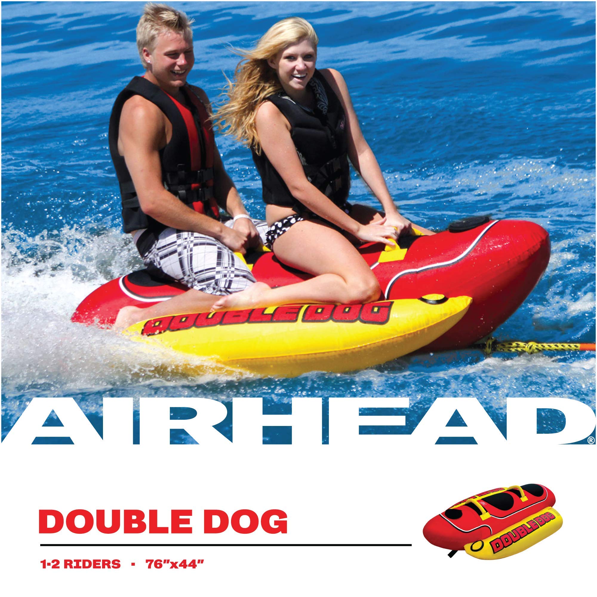 Airhead Double Dog Towable 1-2 Rider Tube for Boating and Water Sports, Double-Stitched Full Nylon Cover, EVA Padding & Padded Handles for Comfort