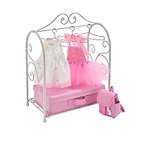Badger Basket Toy Scrollwork Metal Doll Armoire with Storage, Dresses, and Accessories for 18 inch Dolls - White/Pink