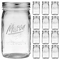 Wide Mouth Mason Jars 32 oz - 12 Pack Large Glass Mason Jars with Airtight Lids and Bands, 1 Quart Mason Jars for Pickling, Canning, Fermenting and Food Storage, Microwave & Dishwasher Safe