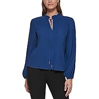 DKNY Women's Long Sleeve Pleated Top with Tie Neck