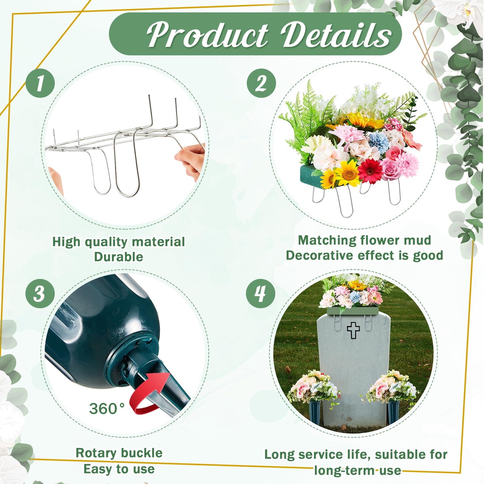 Zonon 3 Pcs Headstone Flower Saddle and Cemetery Vases with Spikes Set Includes 1 Pcs 12 Inch Gravestone Saddle with Floral Foam 2 Pcs Grave Flower Holder with Foam Inserts for Cemetery Decorations