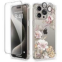 GVIEWIN for iPhone 15 Pro Case Floral, with Screen Protector+Camera Lens Protector, [Not Yellowing] Slim Shockproof Clear Phone Protective Cover for Women, Flower Pattern Design (Ranunculus/Pink)