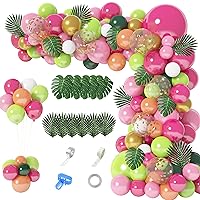146Pcs Tropical Balloons Garland Arch Kit, Hawaiian Luau Tropical Aloha Flamingo Party Decorations Hot Pink Fruit Green Rose Gold Confetti Balloons Palm Leaves Birthday Baby Shower Wedding Supplies