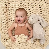 SAMIAH LUXE - Chunky Knit Blanket for Baby, Knitted Blanket, Braided Blanket Chunky, Aesthetic Knitted Throw Blanket, for Boys and Girls, Baby Room Decor, Cribs - Beige White, 50x30