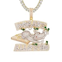 Master of Bling Mens No Rats Allowed Snitching Green Money Icy Custom Hip Hop Yellow Gold Tone Pendant Chain