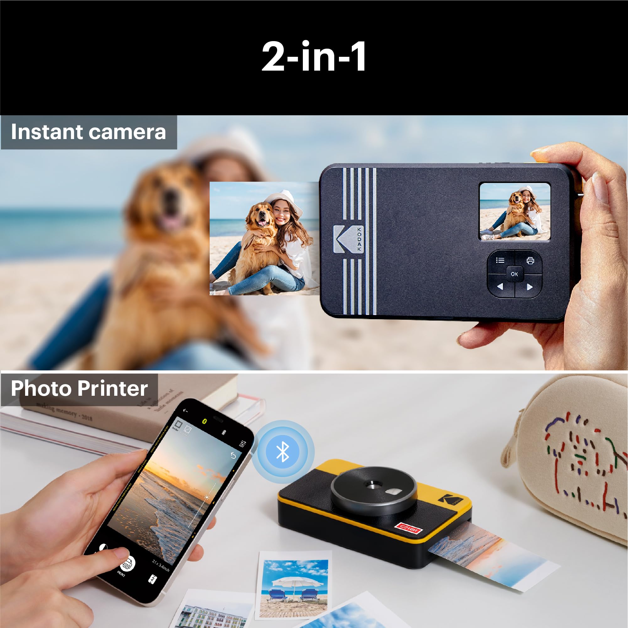 KODAK Mini Shot 2 Retro 4PASS 2-in-1 Instant Digital Camera and Photo Printer (2.1x3.4 inches) + 8 Sheets, White