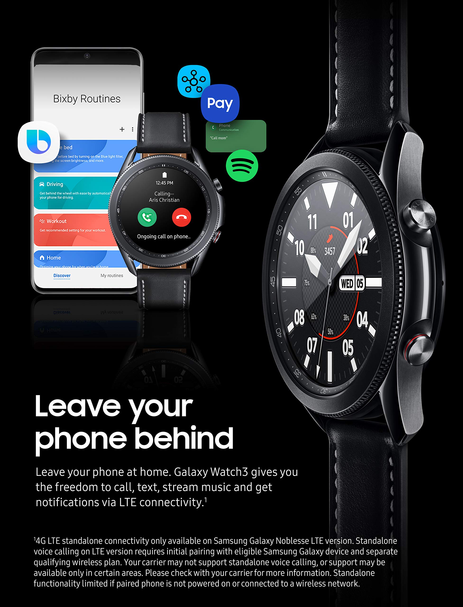SAMSUNG Galaxy Watch 3 (45mm, GPS, Bluetooth, Unlocked LTE) Smart Watch with Advanced Health Monitoring, Fitness Tracking, and Long Lasting Battery - Mystic Black (US Version)