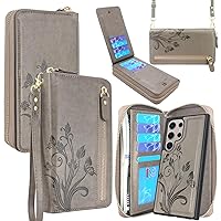 Lacass Wallet for Samsung Galaxy S24 Ultra 6.8 inch 2024, Crossbody Dual Zipper Detachable Magnetic Leather Wallet Case Cover Wristlets Wrist Strap 13 Card Slots Money Pocket (Floral Gray)