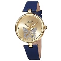Burgi Designer Women’s Watch – Pretty Butterfly Glitter Dial, Satin Over Genuine Leather Strap, 3 Diamond Markers, Polished Bezel - BUR233