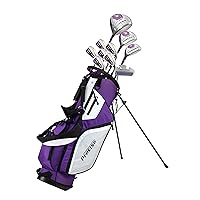 M5 Ladies Womens Complete Right Handed Golf Clubs Set Includes Titanium Driver, S.S. Fairway, S.S. Hybrid, S.S. 5-PW Irons, Putter, Stand Bag, 3 H/C's Purple