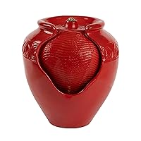 Pure Garden 50-LG1185 Jar Fountain – Indoor or Outdoor Ceramic-Look Glazed Pot Resin Water Feature with Electric Pump and LED Lights (Imperial Red)