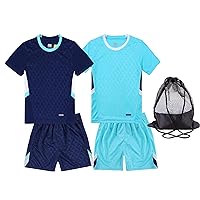 Hiheart Boys 2 Pack Soccer Set Football Team T-shirt and Shorts with Mesh Ball Bag