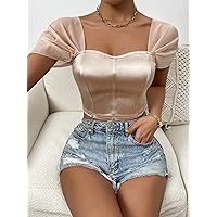 Women's Tops Women's Shirts Sexy Tops for Women Sweetheart Neck Puff Sleeve Satin Top (Color : Apricot, Size : Large)
