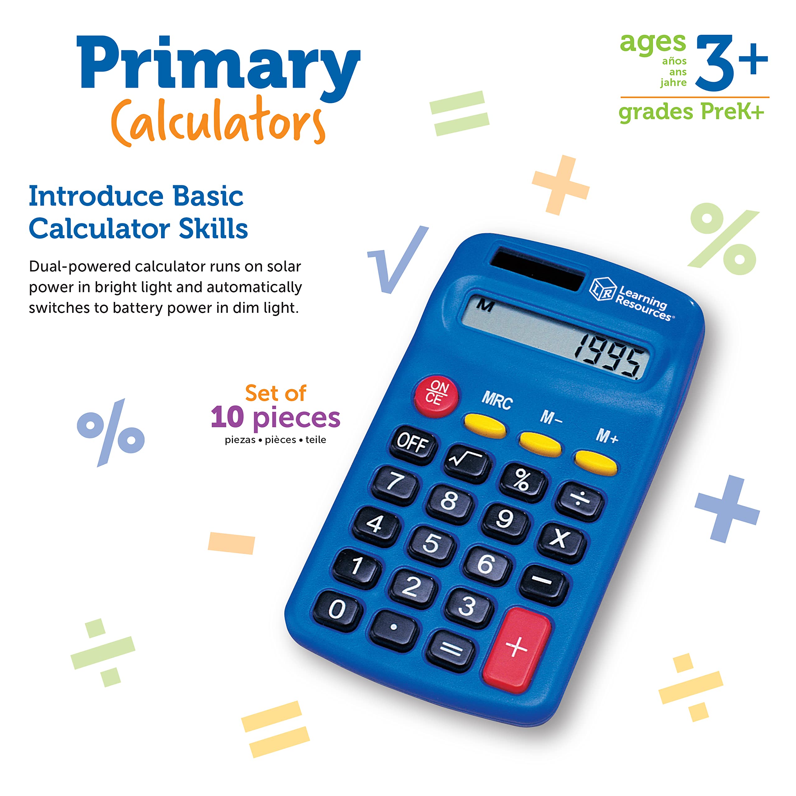 Learning Resources Primary Calculator - 10 Pieces, Ages 3+, Basic Solar Powered Calculators, Teacher Supplies, Back to School Supplies