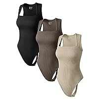 OQQ Women's 3 Piece Bodysuits Sexy Thongs Ribbed Strappy Square Neck Tummy Control Bodysuits