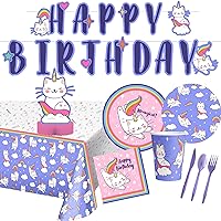 Caticorn Party Supplies and Decorations - Caticorn Party Plates and Napkins for 16 People - Caticorn Banner, Tablecloth & Centerpiece Caticorn Birthday Party Decorations & Cat Birthday Party Supplies!
